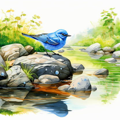 Blue Bird By The Stream - Full Round Drill Diamond Painting 40*40CM