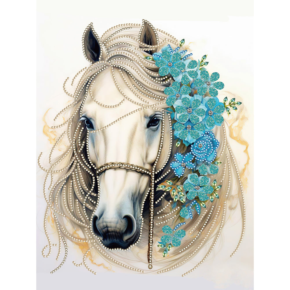 White Horse Blue Flower - Special Shaped Drill Diamond Painting 30*40CM