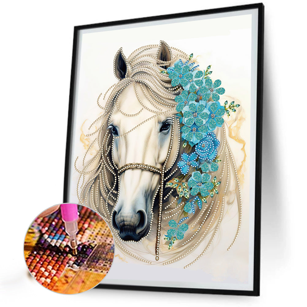 White Horse Blue Flower - Special Shaped Drill Diamond Painting 30*40CM