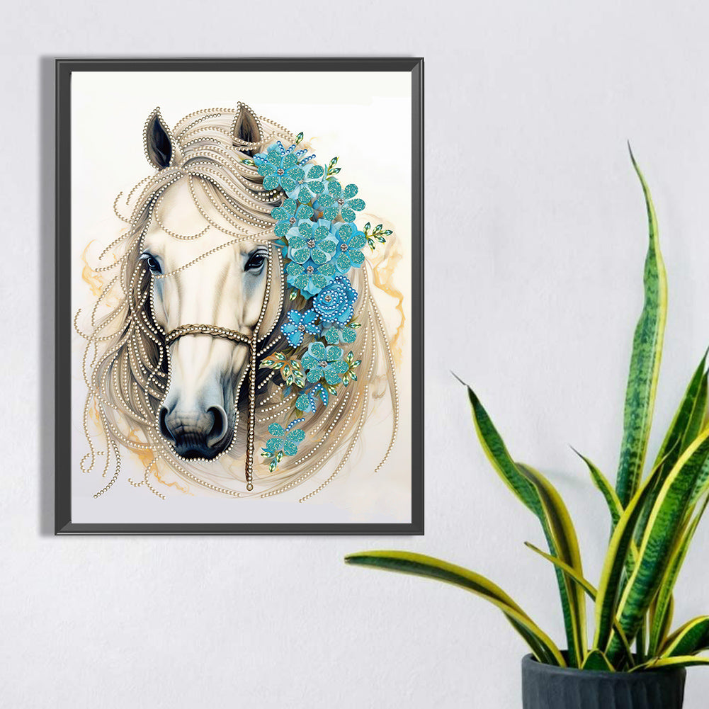 White Horse Blue Flower - Special Shaped Drill Diamond Painting 30*40CM