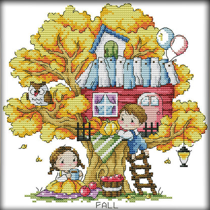 Treehouse (Autumn) - 14CT Stamped Cross Stitch 27*28CM(Joy Sunday)