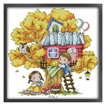 Treehouse (Autumn) - 14CT Stamped Cross Stitch 27*28CM(Joy Sunday)