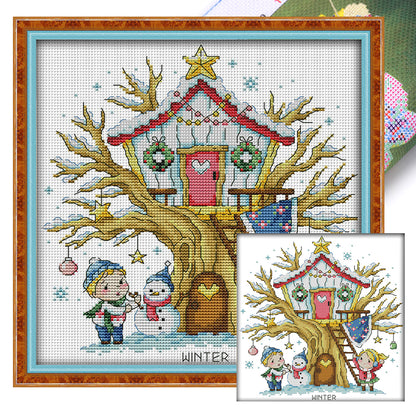 Treehouse(Winter) - 14CT Stamped Cross Stitch 27*28CM(Joy Sunday)