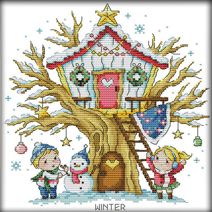 Treehouse(Winter) - 14CT Stamped Cross Stitch 27*28CM(Joy Sunday)