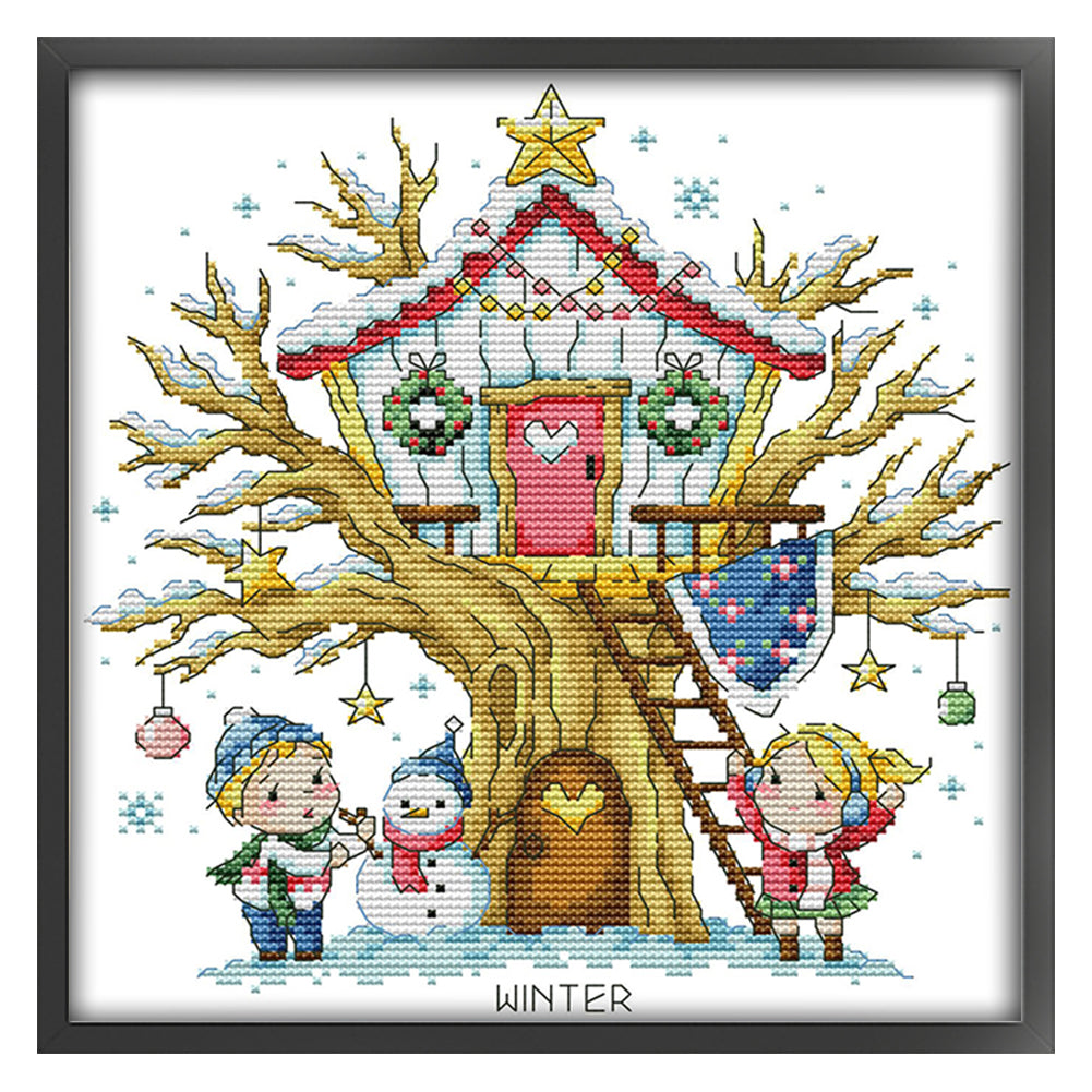 Treehouse(Winter) - 14CT Stamped Cross Stitch 27*28CM(Joy Sunday)