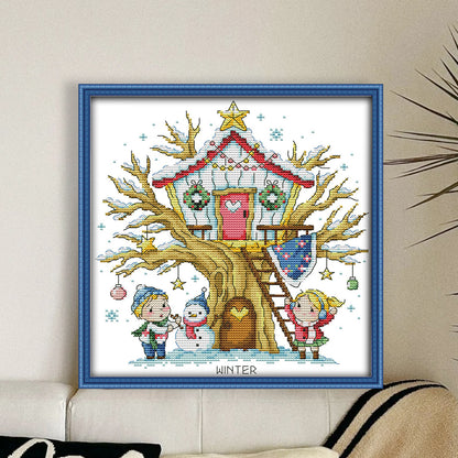 Treehouse(Winter) - 14CT Stamped Cross Stitch 27*28CM(Joy Sunday)