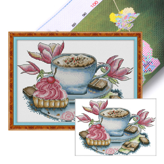 Tea Cup And Cake - 14CT Stamped Cross Stitch 27*20CM(Joy Sunday)