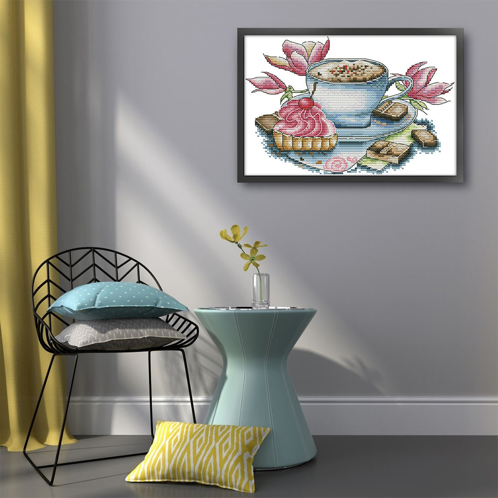 Tea Cup And Cake - 14CT Stamped Cross Stitch 27*20CM(Joy Sunday)