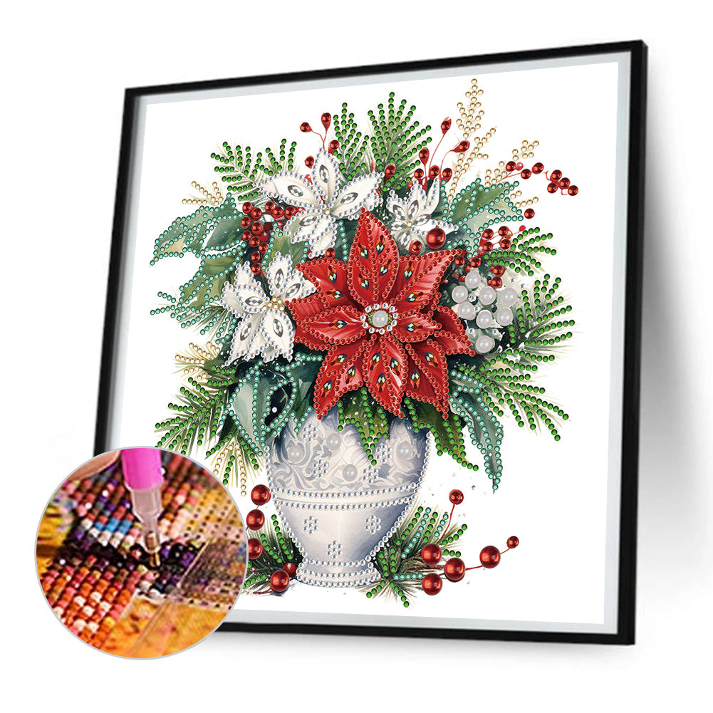 Christmas Red Flower Vase - Special Shaped Drill Diamond Painting 30*30CM