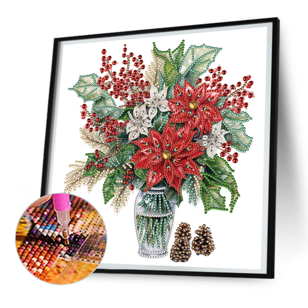 Christmas Red Flower Vase - Special Shaped Drill Diamond Painting 30*30CM