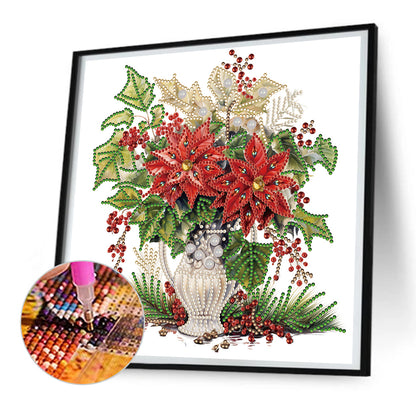 Christmas Red Flower Vase - Special Shaped Drill Diamond Painting 30*30CM