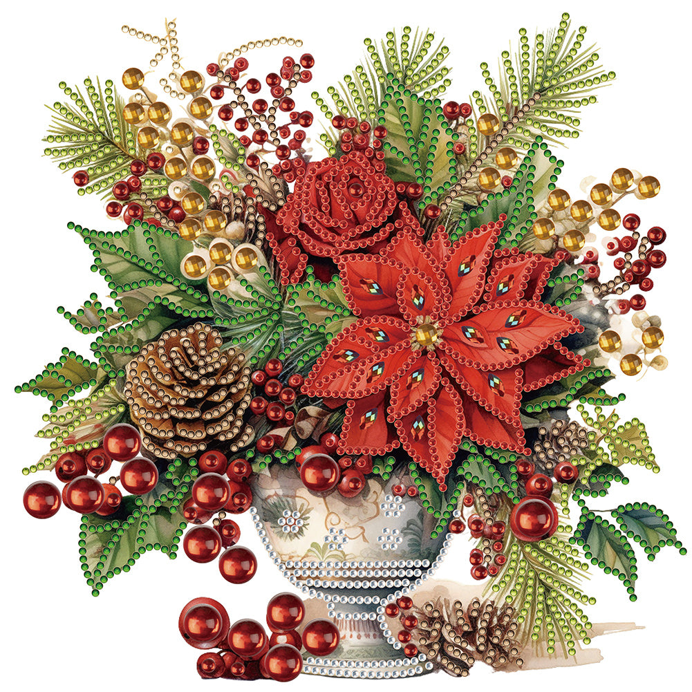 Christmas Red Flower Vase - Special Shaped Drill Diamond Painting 30*30CM