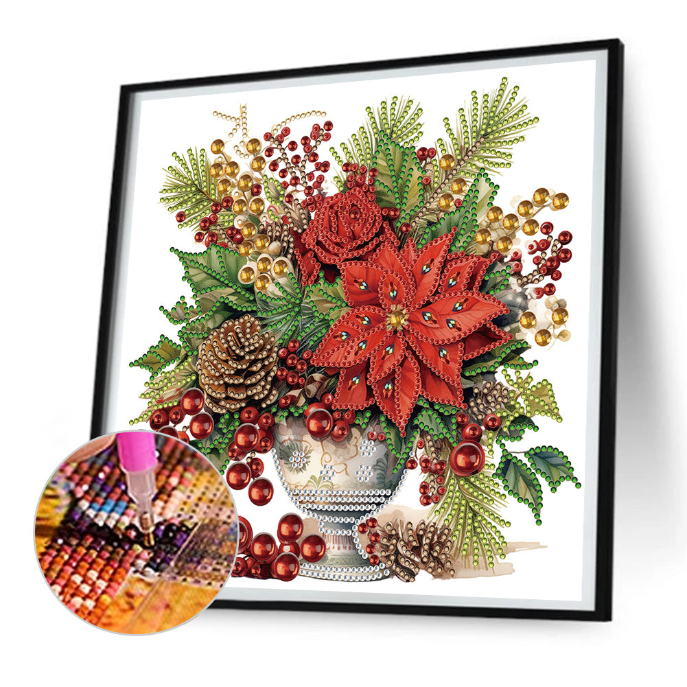 Christmas Red Flower Vase - Special Shaped Drill Diamond Painting 30*30CM