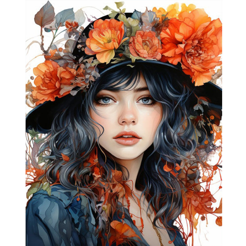 Girl Wearing Flower Hat - Full Round Drill Diamond Painting 40*50CM