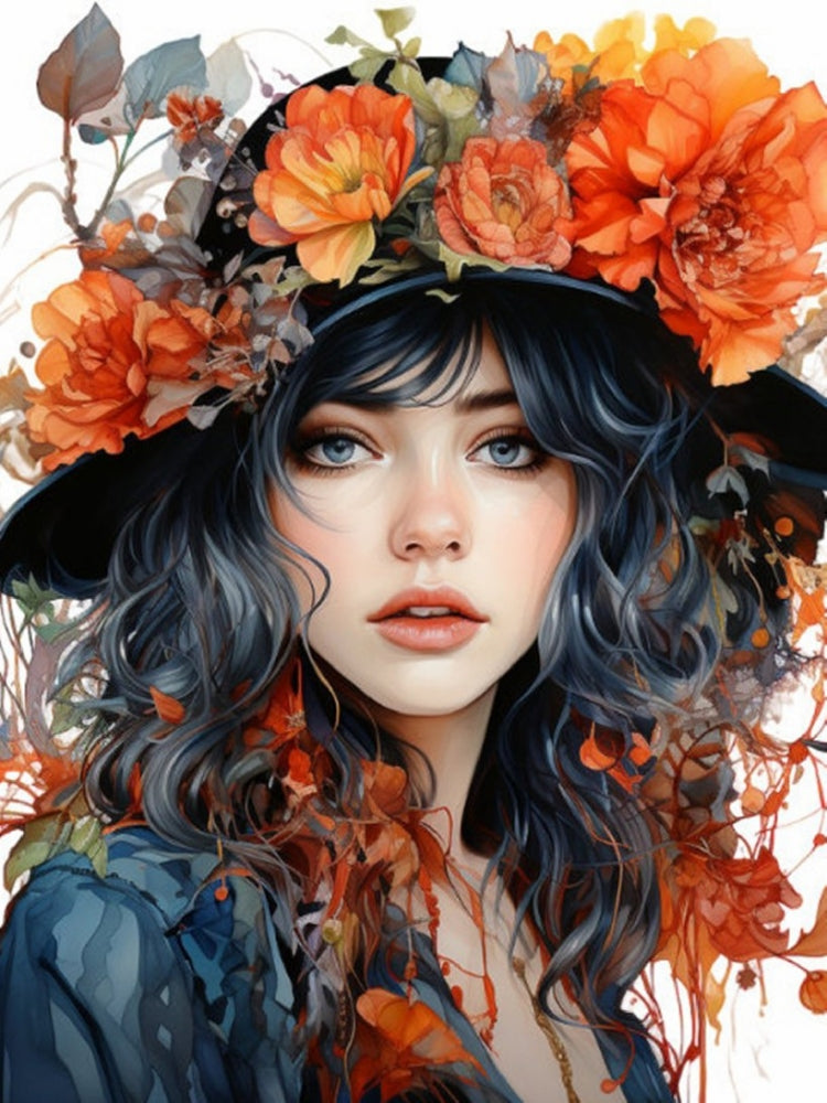 Girl Wearing Flower Hat - Full Round Drill Diamond Painting 40*50CM