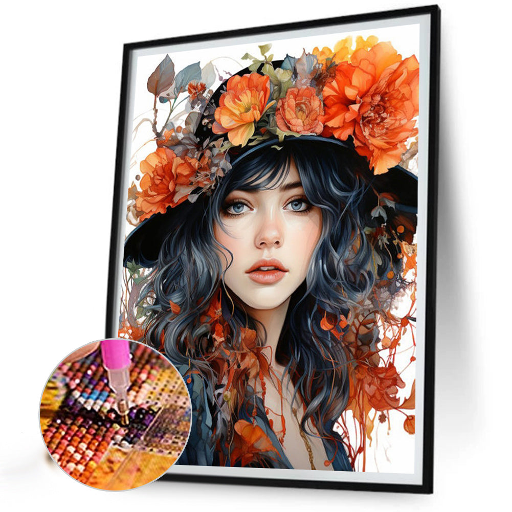 Girl Wearing Flower Hat - Full Round Drill Diamond Painting 40*50CM