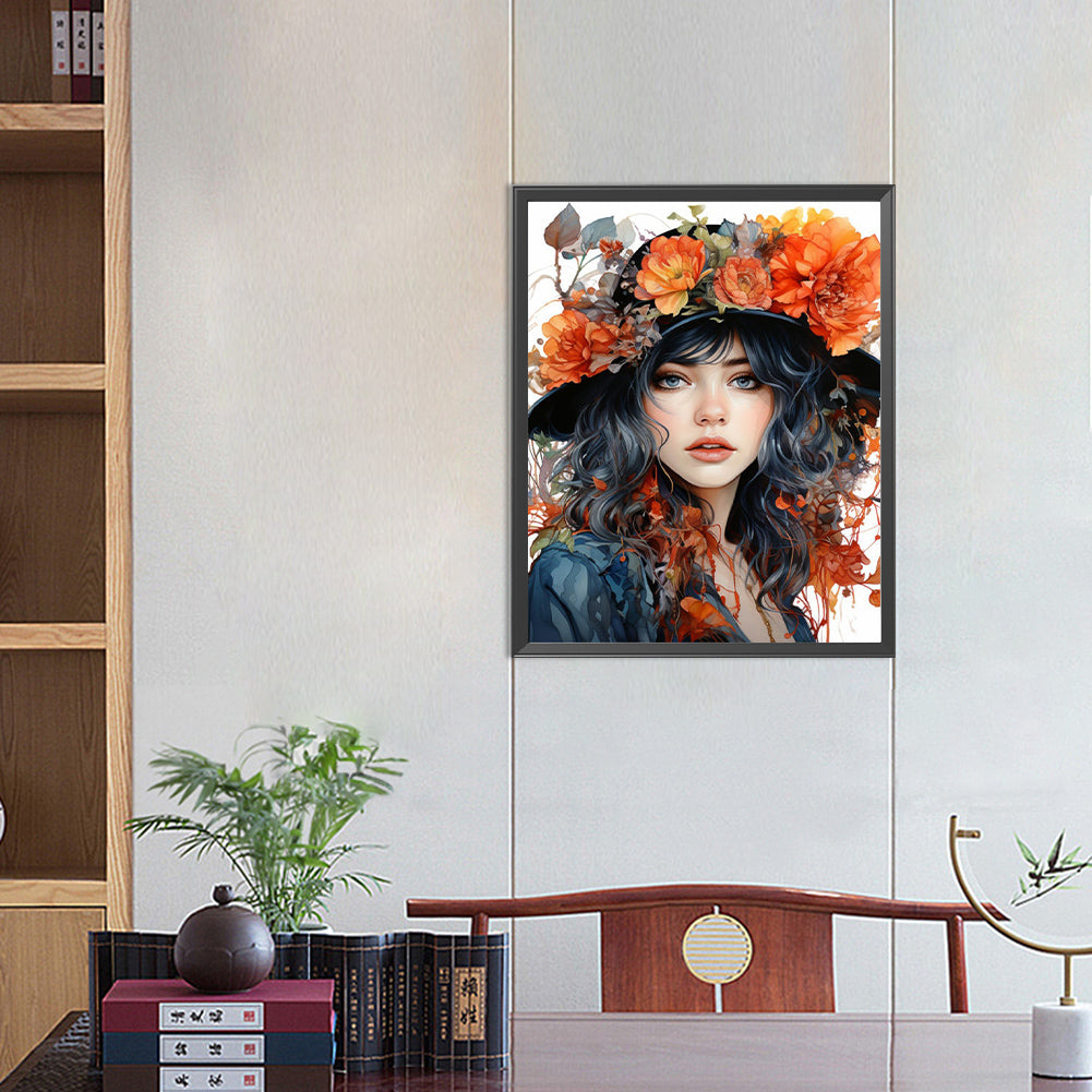 Girl Wearing Flower Hat - Full Round Drill Diamond Painting 40*50CM