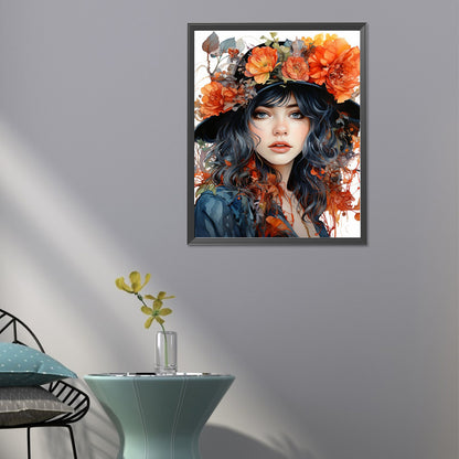 Girl Wearing Flower Hat - Full Round Drill Diamond Painting 40*50CM