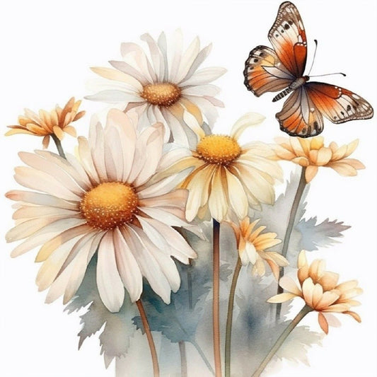 Feverfew And Butterfly - Full Round Drill Diamond Painting 40*40CM