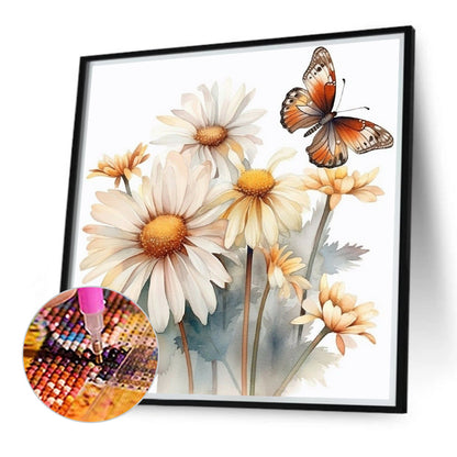 Feverfew And Butterfly - Full Round Drill Diamond Painting 40*40CM