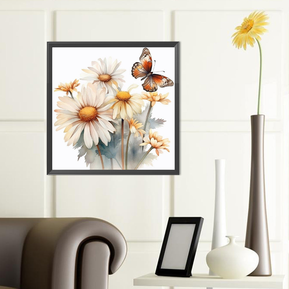 Feverfew And Butterfly - Full Round Drill Diamond Painting 40*40CM