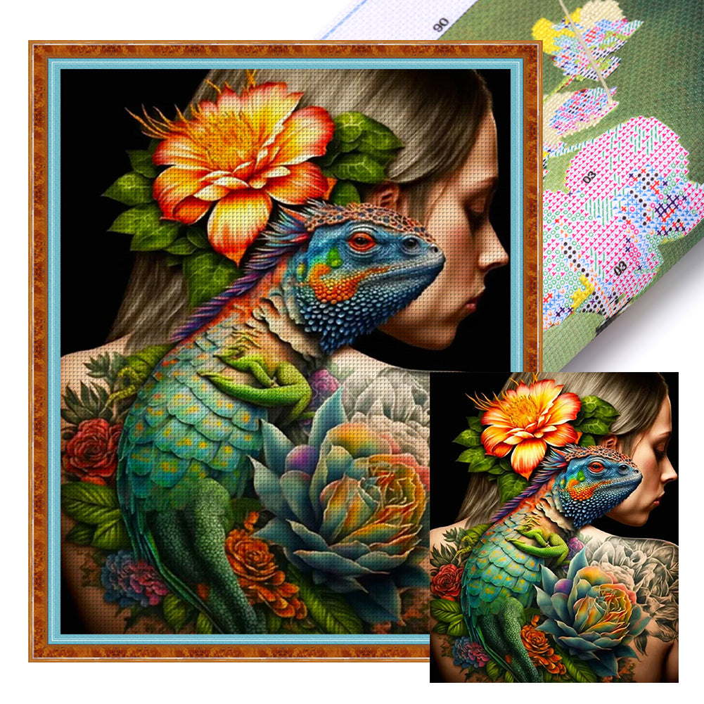 Flowers Chameleon Tattoo Woman - 11CT Stamped Cross Stitch 40*50CM