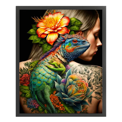 Flowers Chameleon Tattoo Woman - 11CT Stamped Cross Stitch 40*50CM