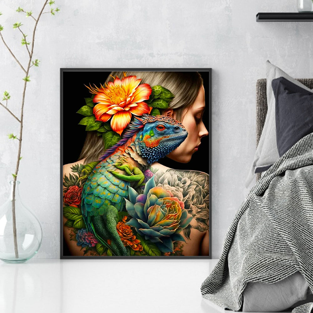 Flowers Chameleon Tattoo Woman - 11CT Stamped Cross Stitch 40*50CM