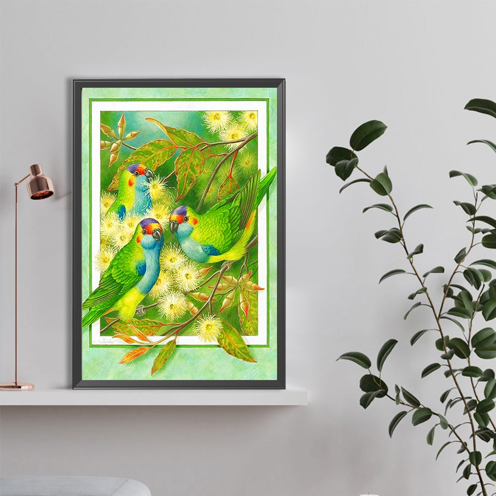 Frame Painted White Wood Eucalyptus Parrot - Full Round Drill Diamond Painting 40*60CM