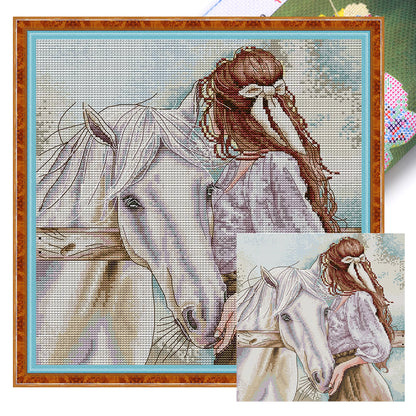 Girl And Horse - 14CT Stamped Cross Stitch 31*33CM(Joy Sunday)