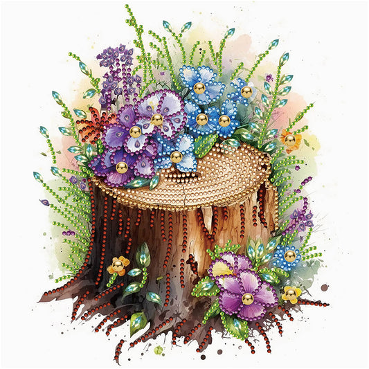 The Tenacious Blooming Flowers In The Wooden Pile - Special Shaped Drill Diamond Painting 30*30CM