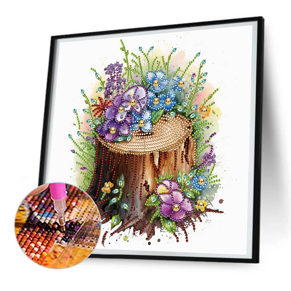 The Tenacious Blooming Flowers In The Wooden Pile - Special Shaped Drill Diamond Painting 30*30CM