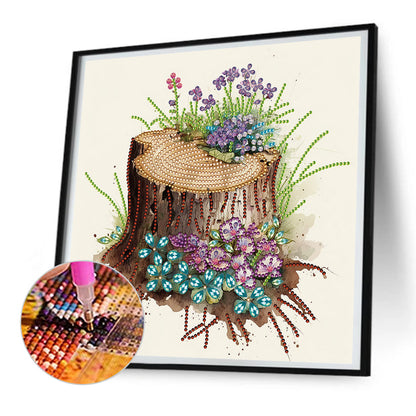 The Tenacious Blooming Flowers In The Wooden Pile - Special Shaped Drill Diamond Painting 30*30CM