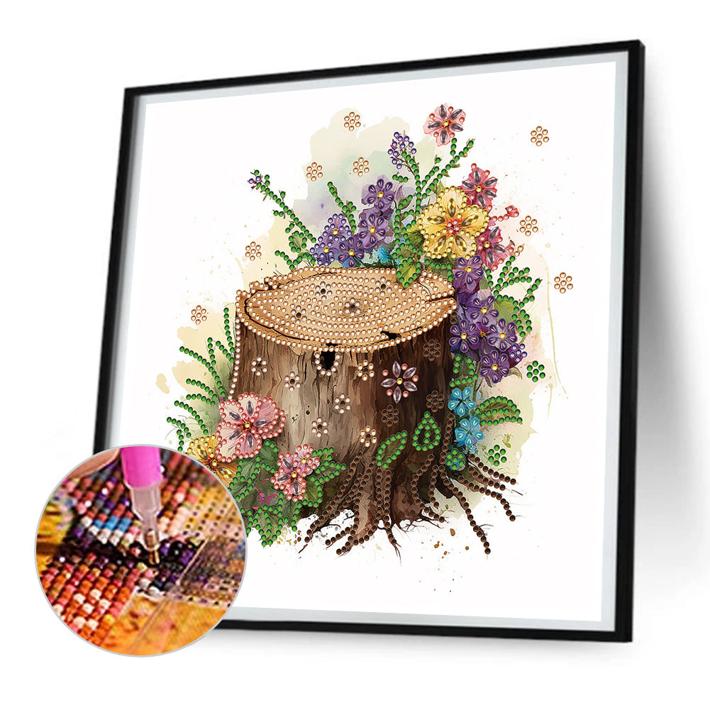 The Tenacious Blooming Flowers In The Wooden Pile - Special Shaped Drill Diamond Painting 30*30CM