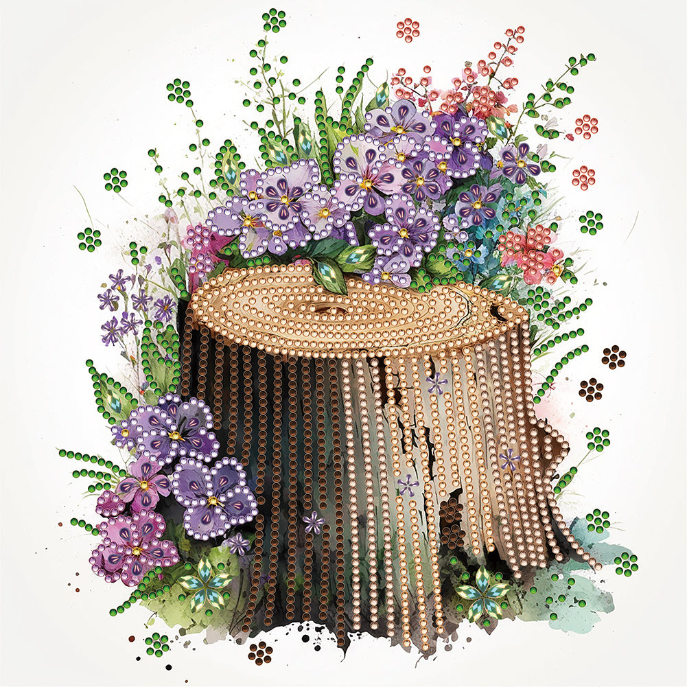 The Tenacious Blooming Flowers In The Wooden Pile -  Special Shaped Drill Diamond Painting 30*30CM