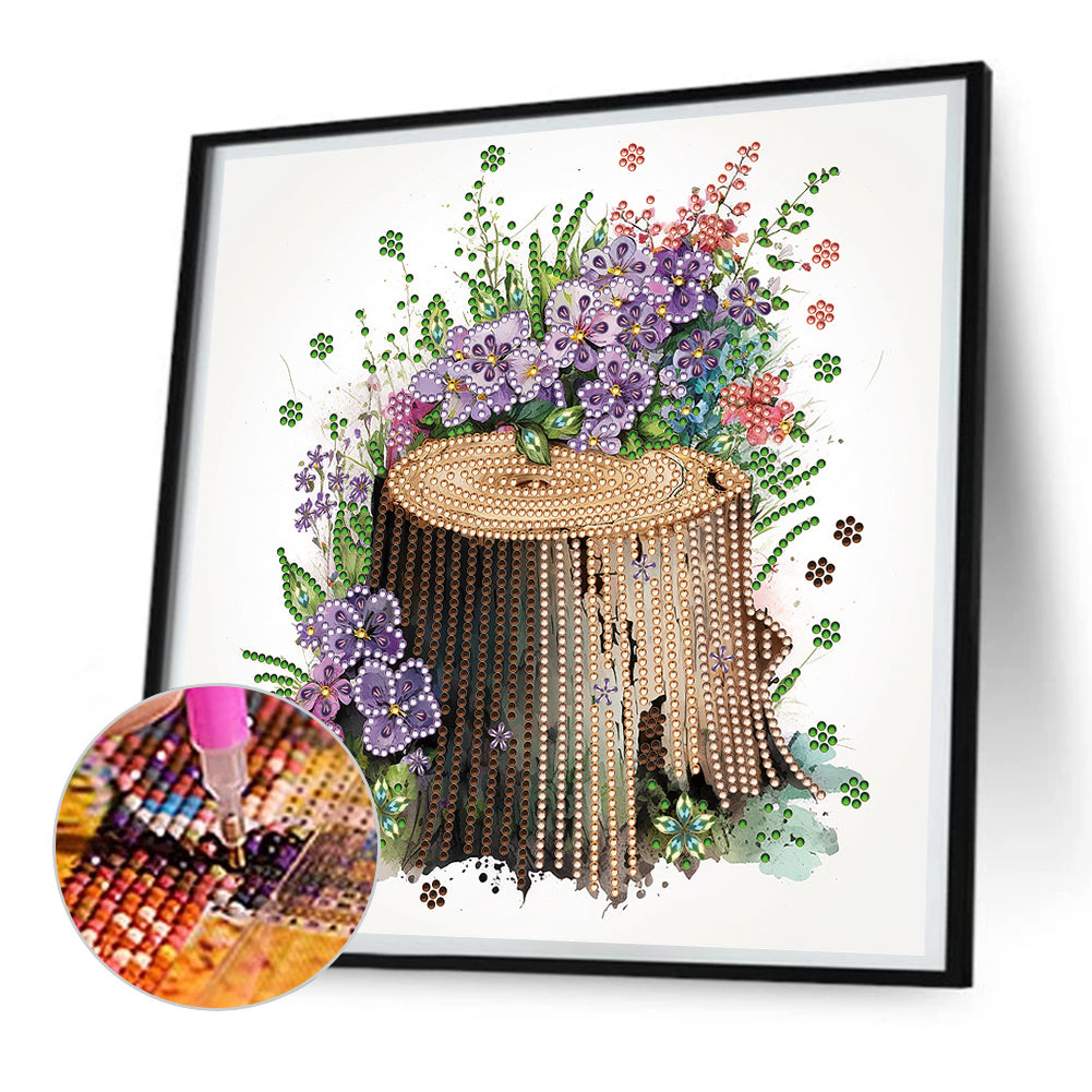 The Tenacious Blooming Flowers In The Wooden Pile -  Special Shaped Drill Diamond Painting 30*30CM