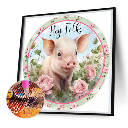 Pink Flower Piggy - Full Round Drill Diamond Painting 30*30CM