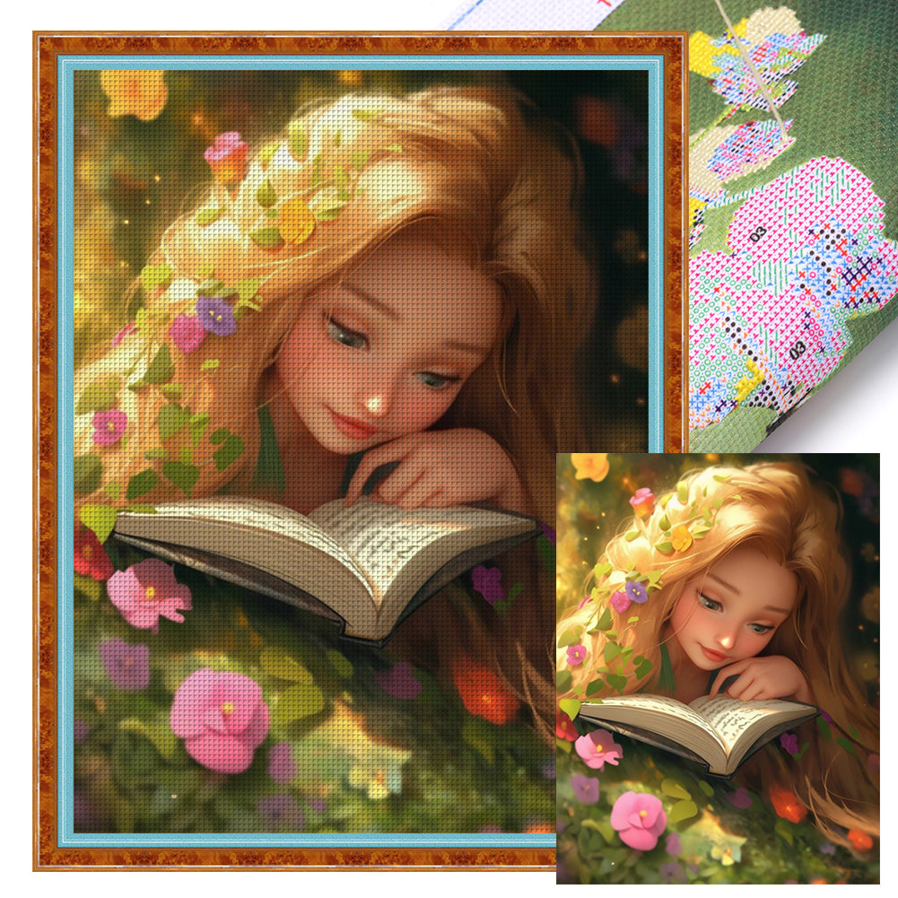 Blonde Girl Reading A Book - 11CT Stamped Cross Stitch 50*68CM