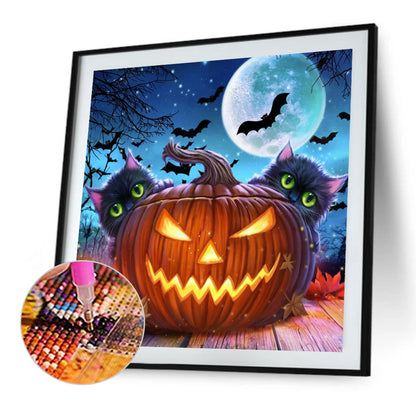 Halloween Pumpkin Black Cat - Full Round Drill Diamond Painting 40*40CM