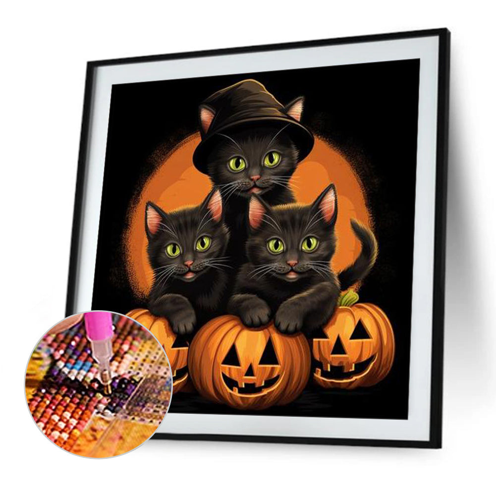 Halloween Pumpkin Black Cat - Full Round Drill Diamond Painting 40*40CM