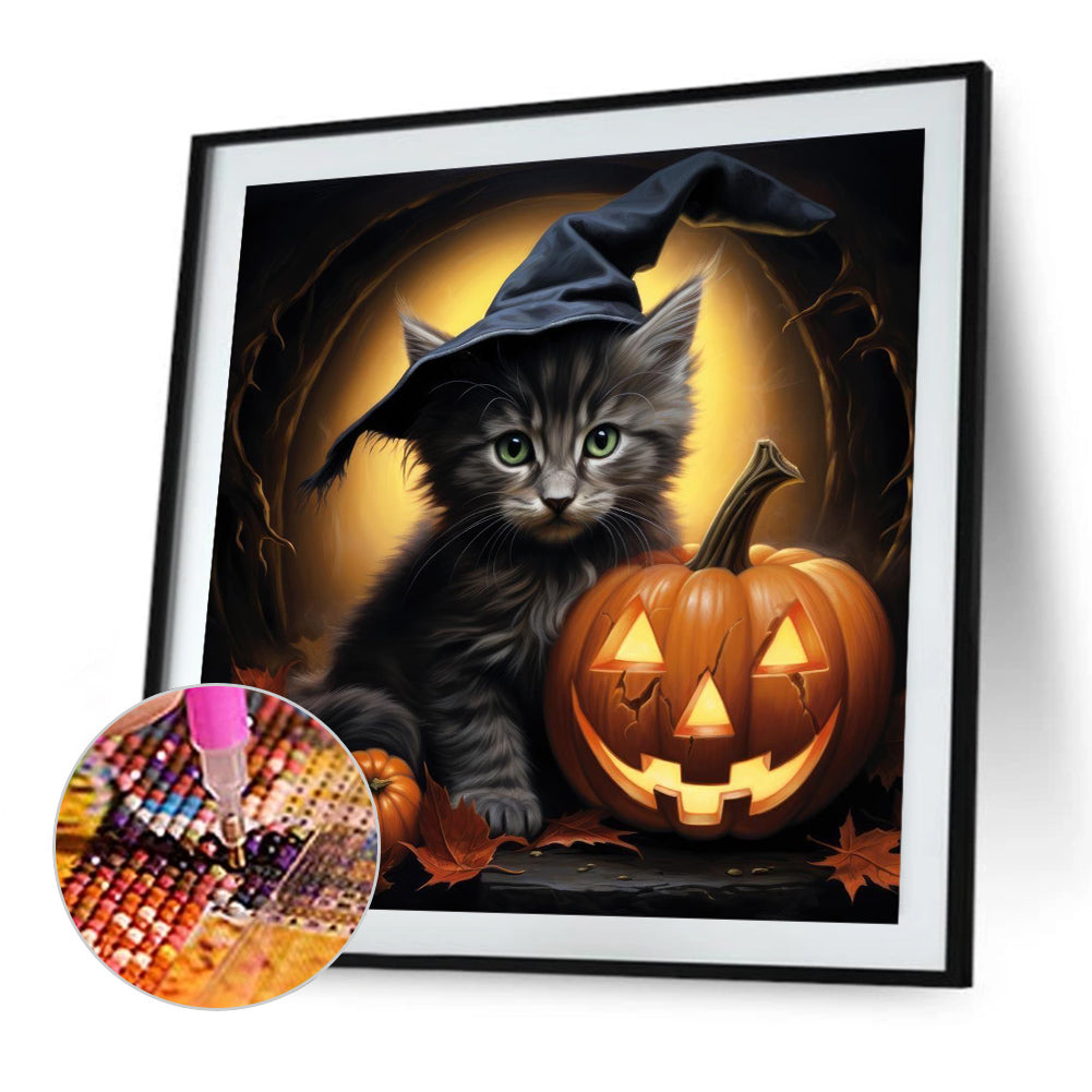 Halloween Pumpkin Black Cat - Full Round Drill Diamond Painting 40*40CM