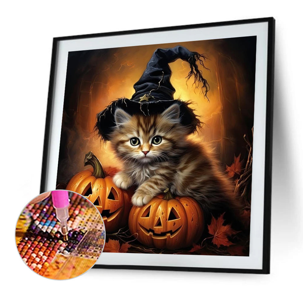 Halloween Pumpkin Black Cat - Full Round Drill Diamond Painting 40*40CM