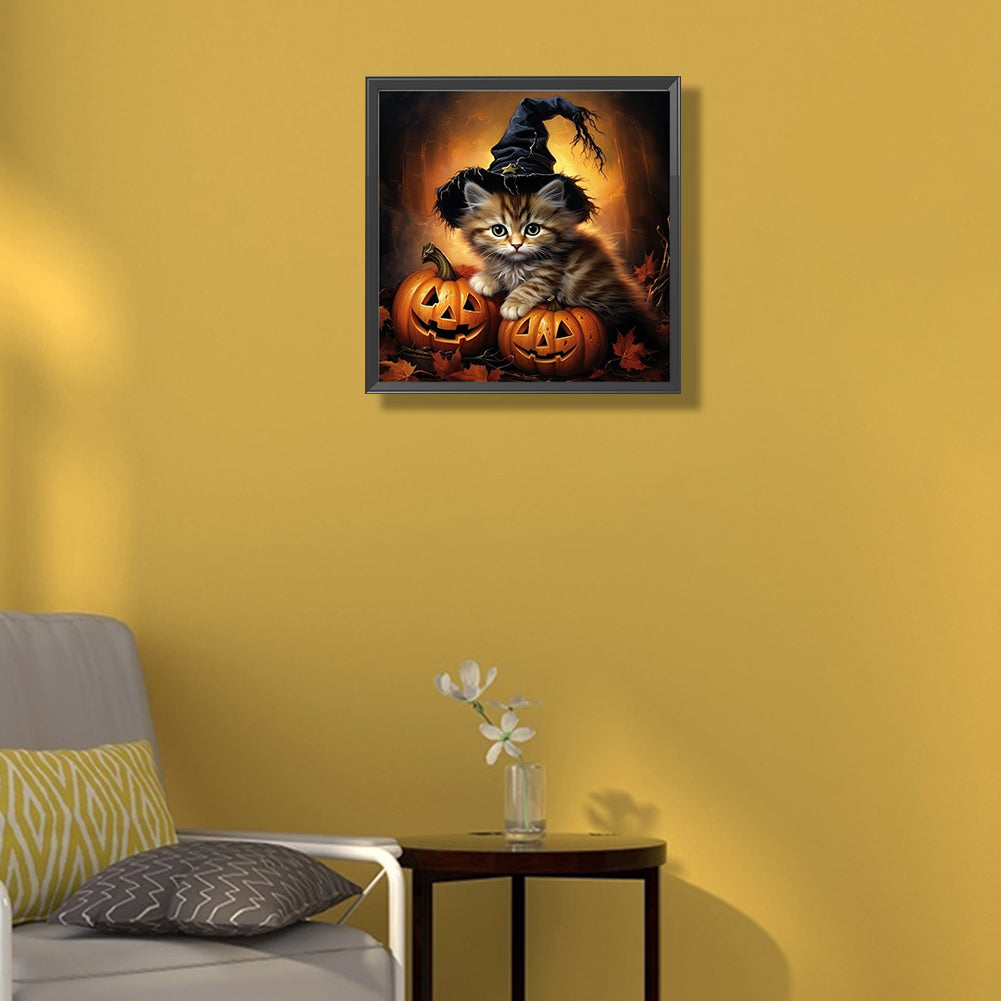 Halloween Pumpkin Black Cat - Full Round Drill Diamond Painting 40*40CM