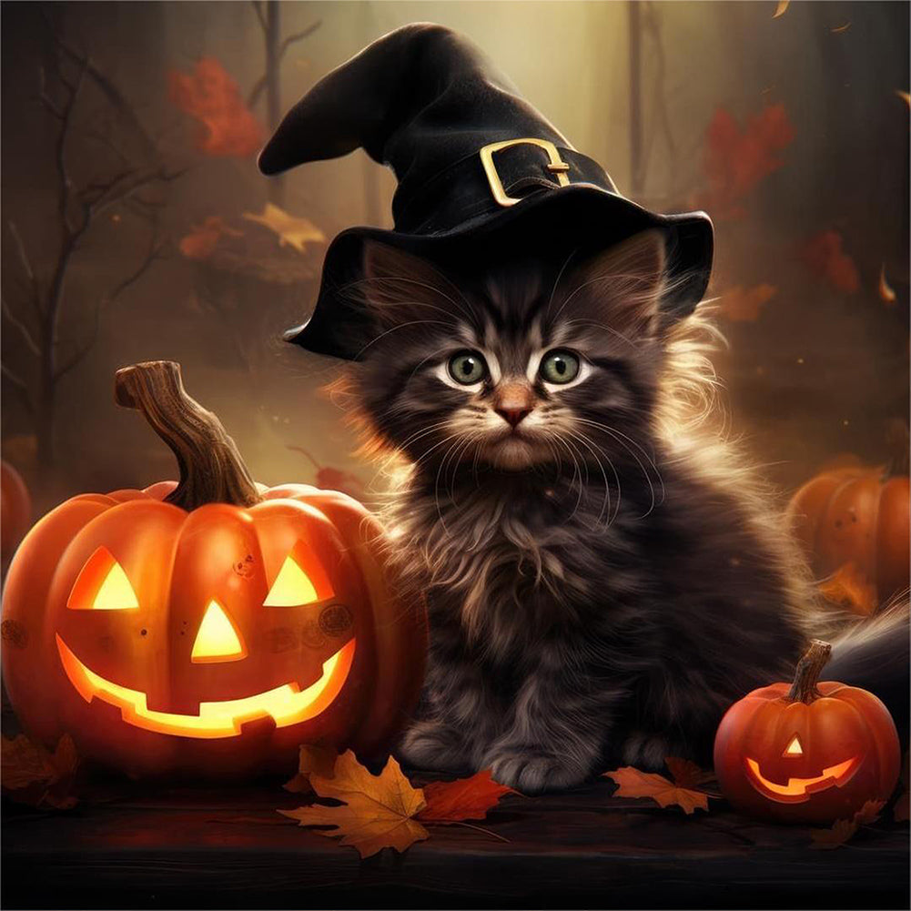 Halloween Pumpkin Black Cat - Full Round Drill Diamond Painting 40*40CM