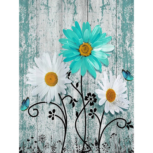 Flowers On Wooden Board Background - Full Round Drill Diamond Painting 30*40CM