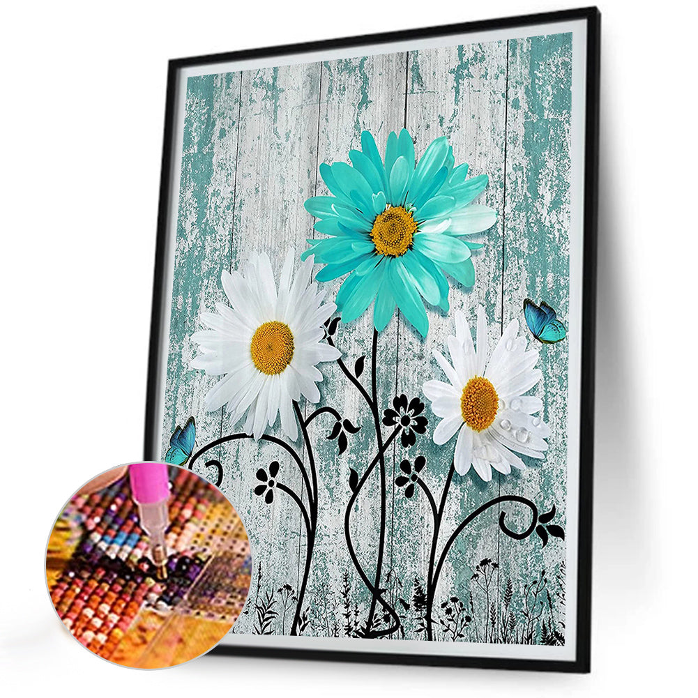 Flowers On Wooden Board Background - Full Round Drill Diamond Painting 30*40CM