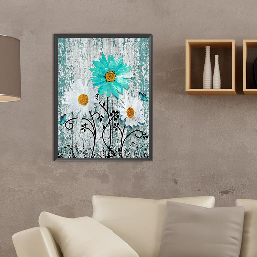 Flowers On Wooden Board Background - Full Round Drill Diamond Painting 30*40CM