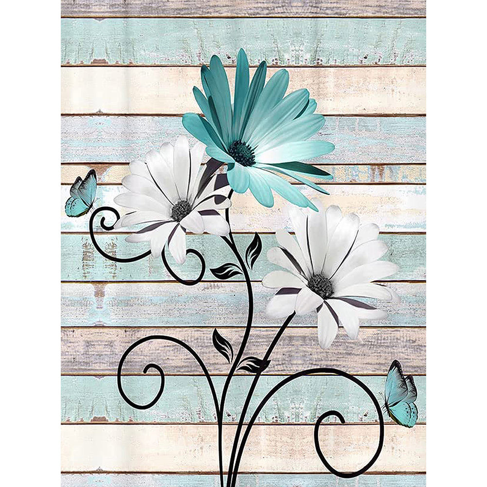 Flowers On Wooden Board Background - Full Round Drill Diamond Painting 30*40CM