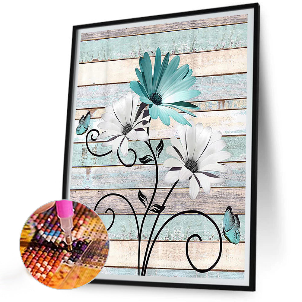 Flowers On Wooden Board Background - Full Round Drill Diamond Painting 30*40CM