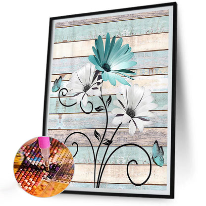Flowers On Wooden Board Background - Full Round Drill Diamond Painting 30*40CM